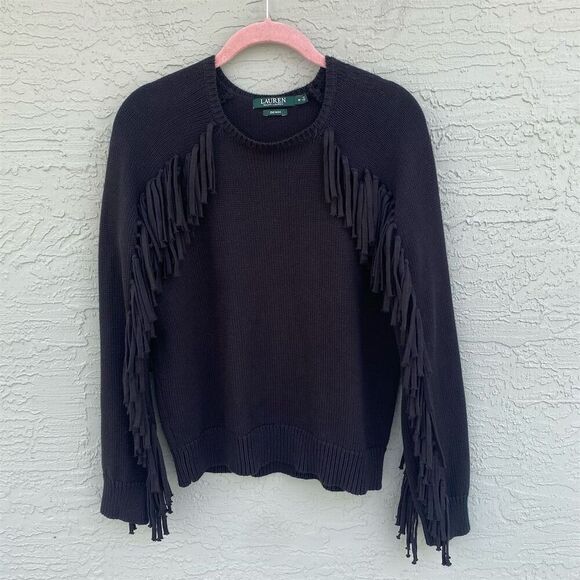 Lauren Ralph Lauren Women's Black Fringe Pullover Sweater Size M - Picture 7 of 13